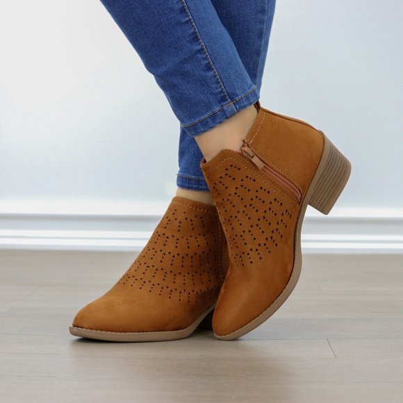 Brown Suede Ankle Boots Laser cut Design Booties - Picture 5 of 6